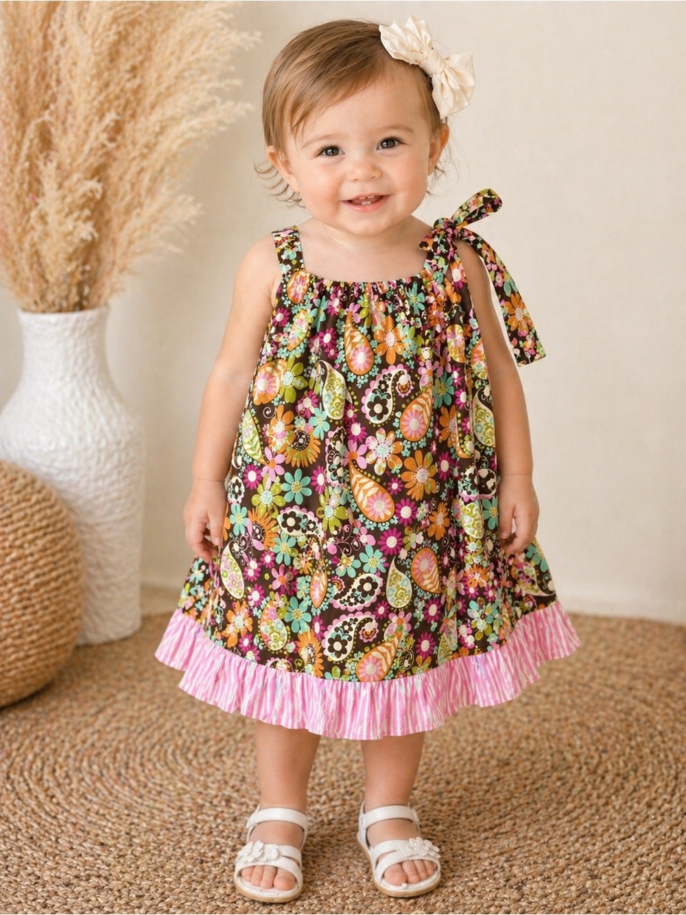 3T Handmade Floral Paisley Pillowcase‎ Dress Pink Ruffle Hem Boho Boutique